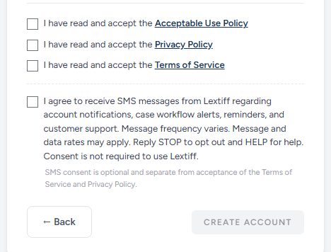Lextiff SMS opt-in consent checkbox